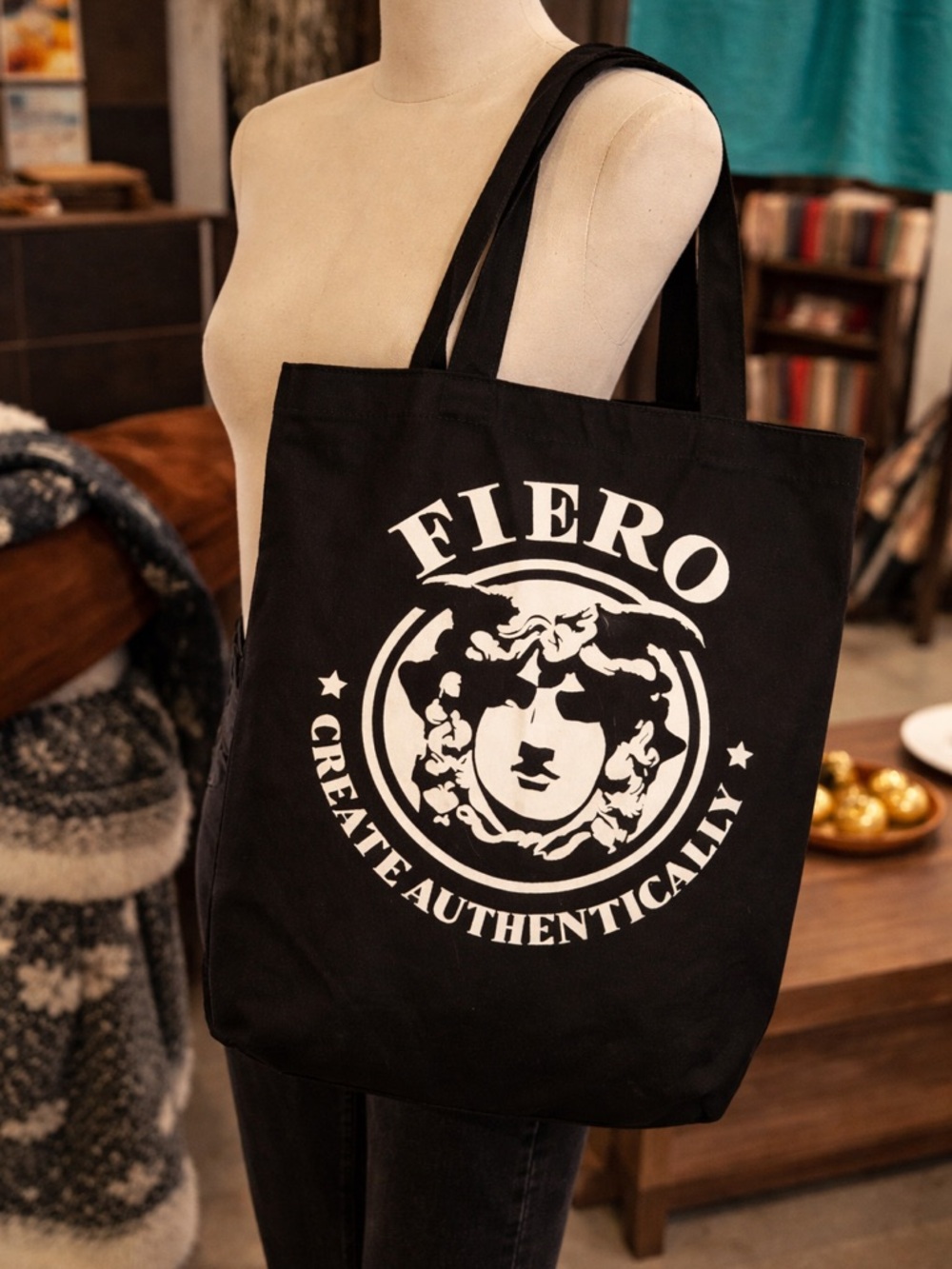 Fiero Black Graphic Canvas Tote Bag